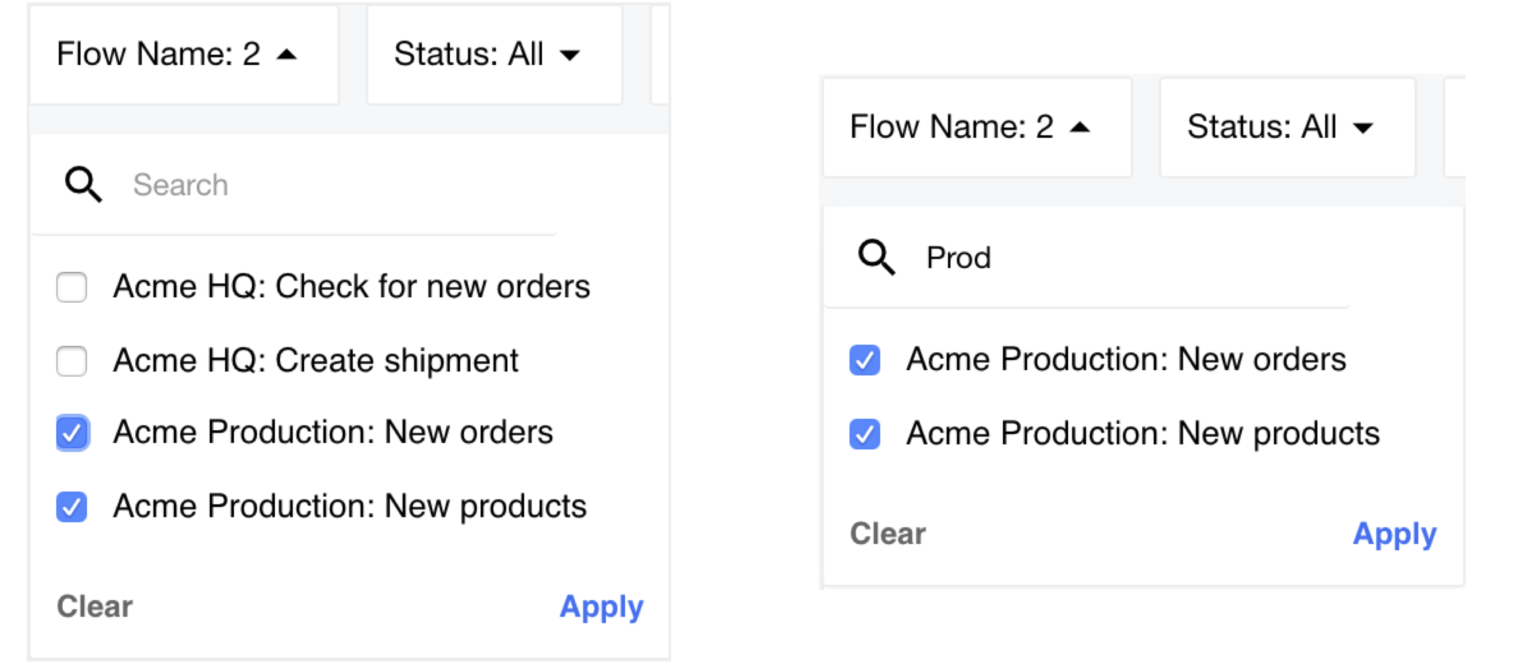 Flow Name filter with two selected flows