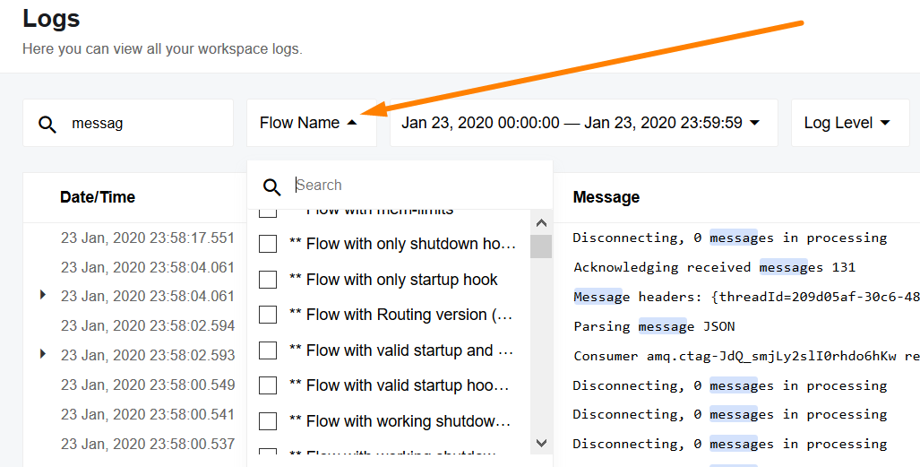 Flow name logs filtering