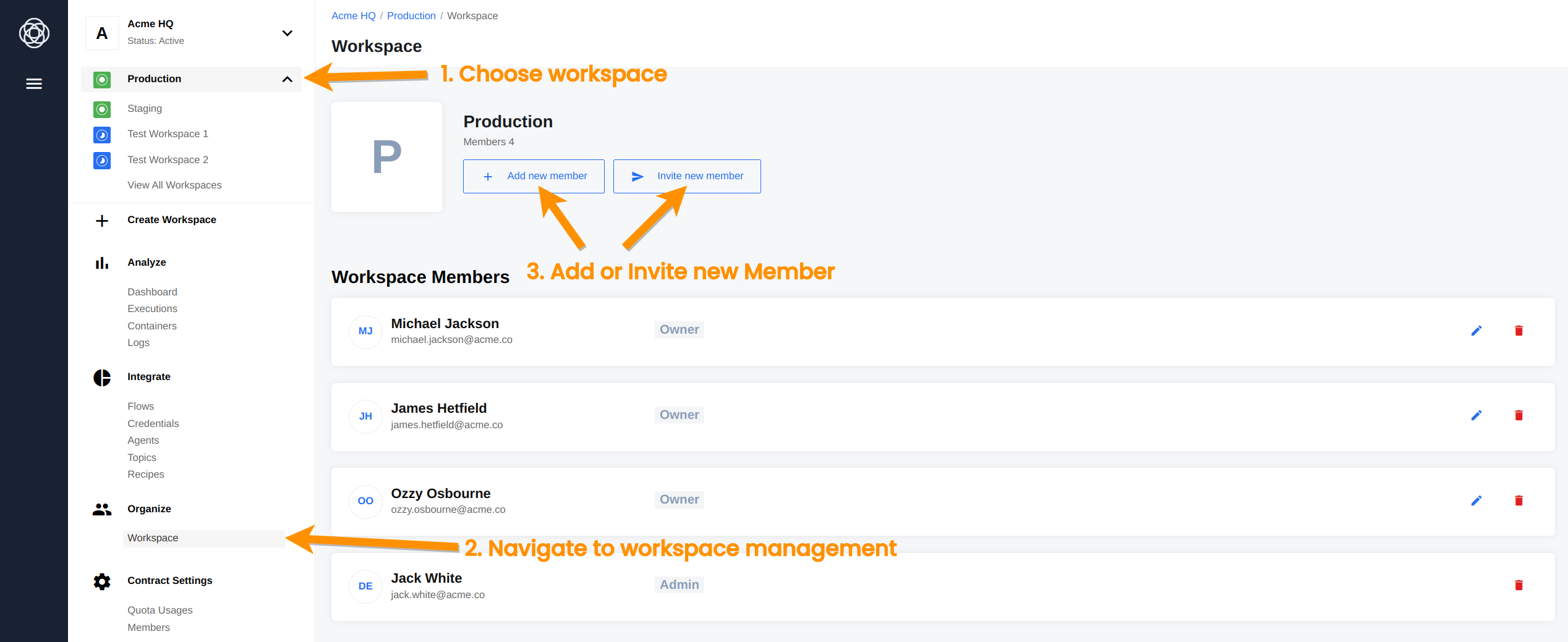 Workspace management page to add and invite members.